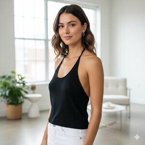 Anthropologie Sanctuary Essential Halter Top Knit Black Cropped Size L